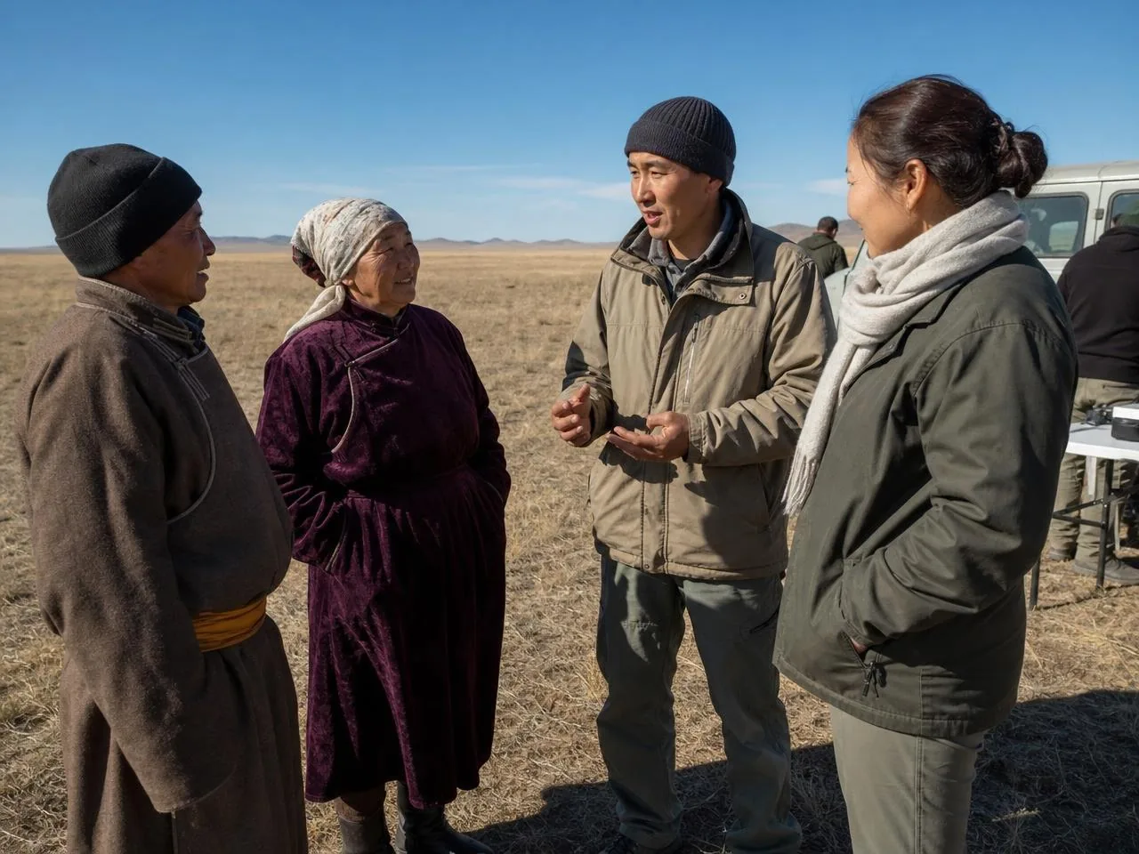 Local community members and SCA staff talking together on the steppe