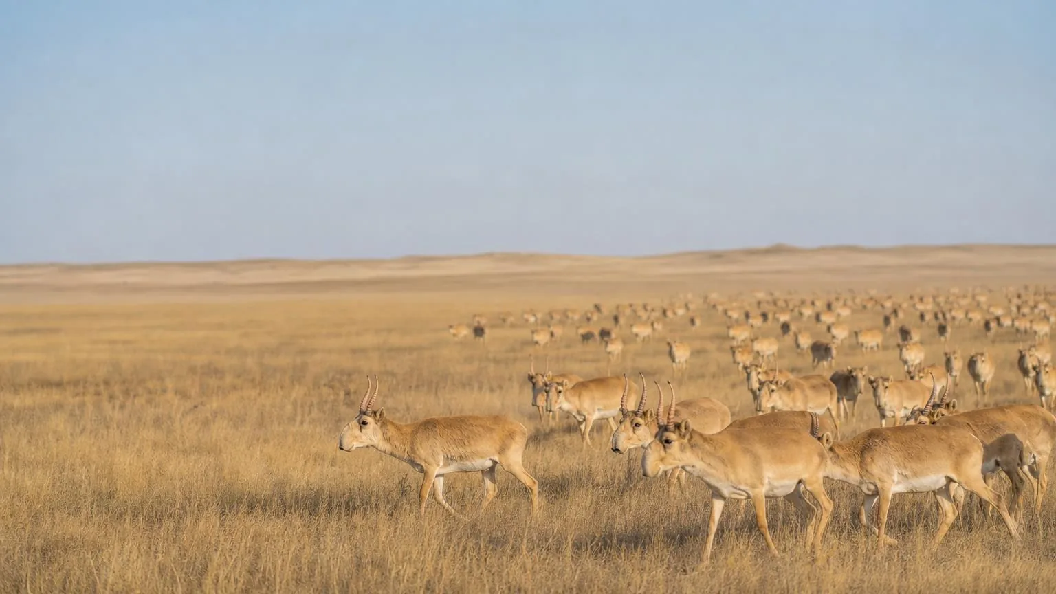 A herd of saiga antelope moving across open golden steppe grassland