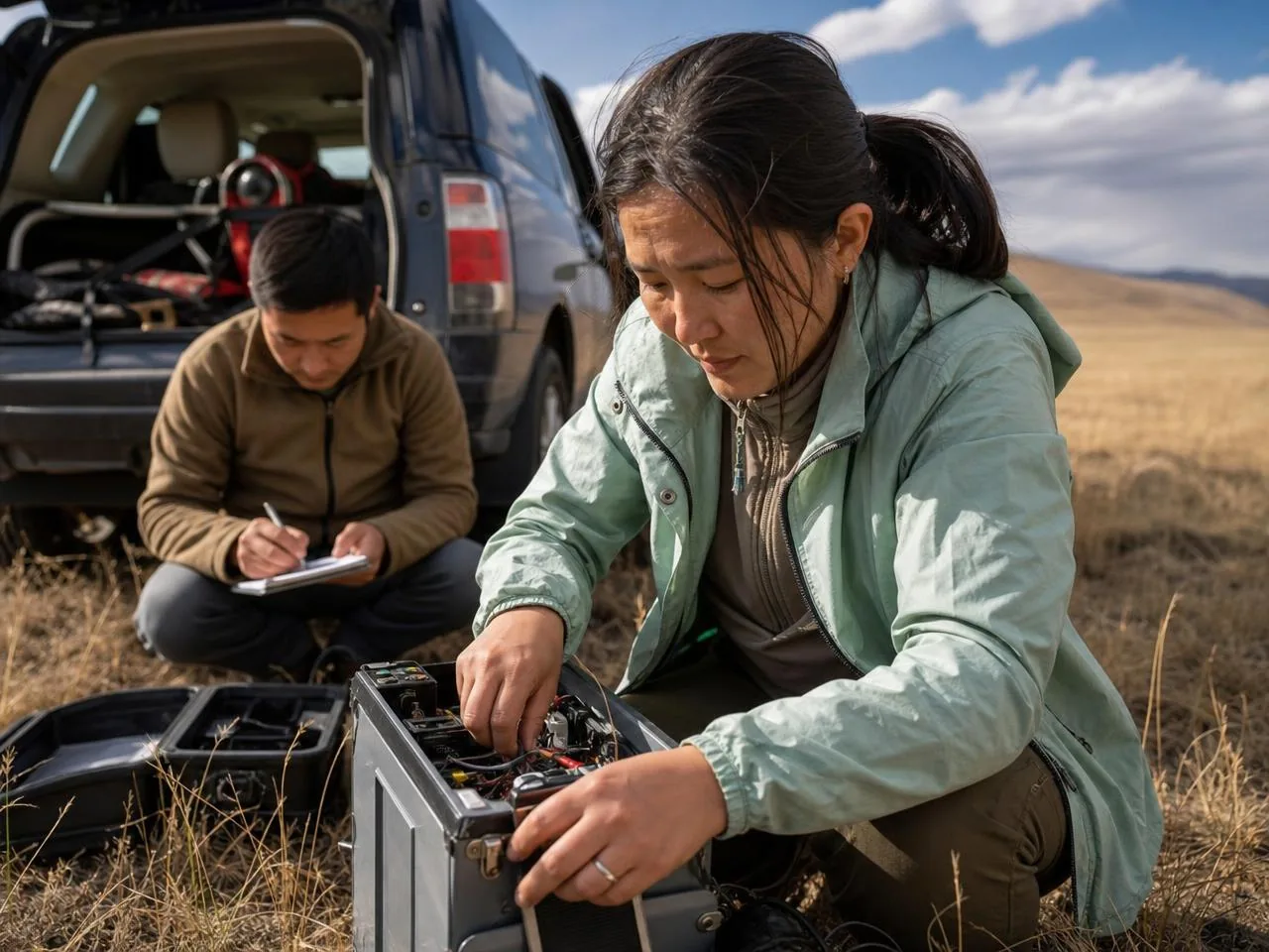 Researchers handling monitoring equipment beside a field vehicle