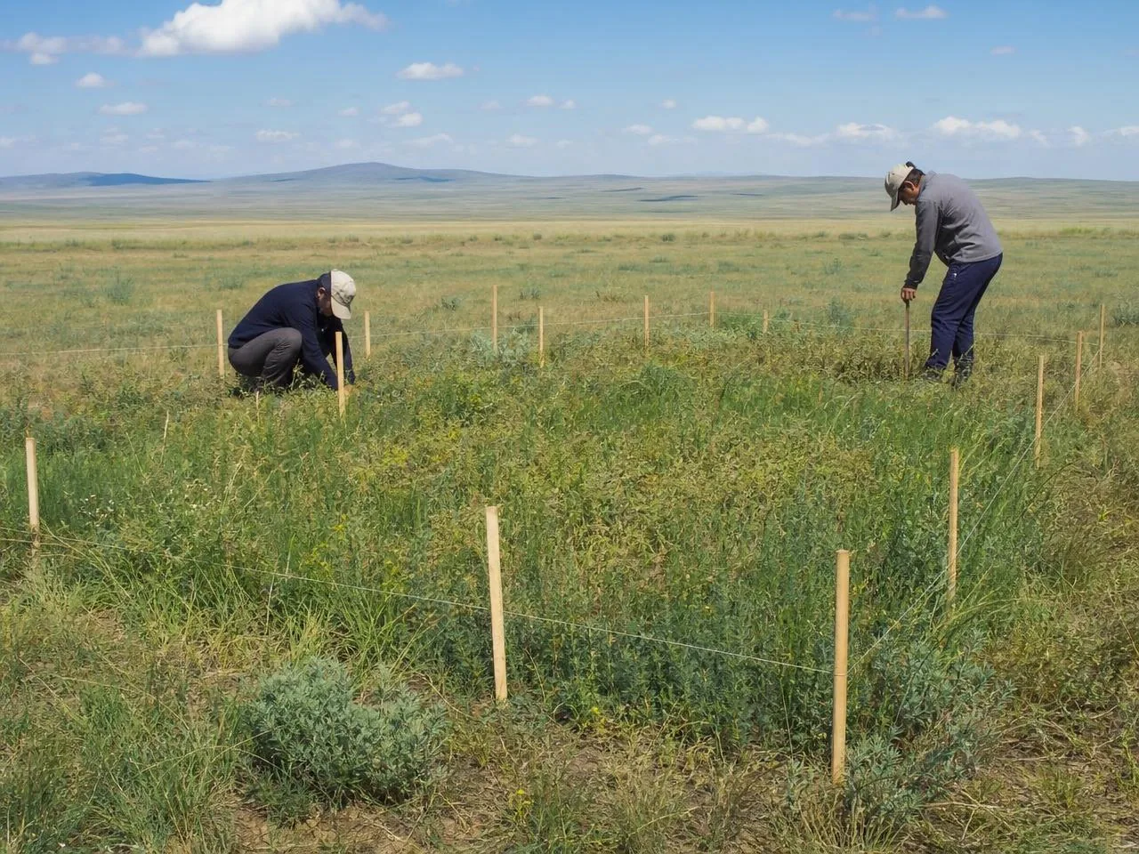 Grassland restoration plot marked out on the steppe