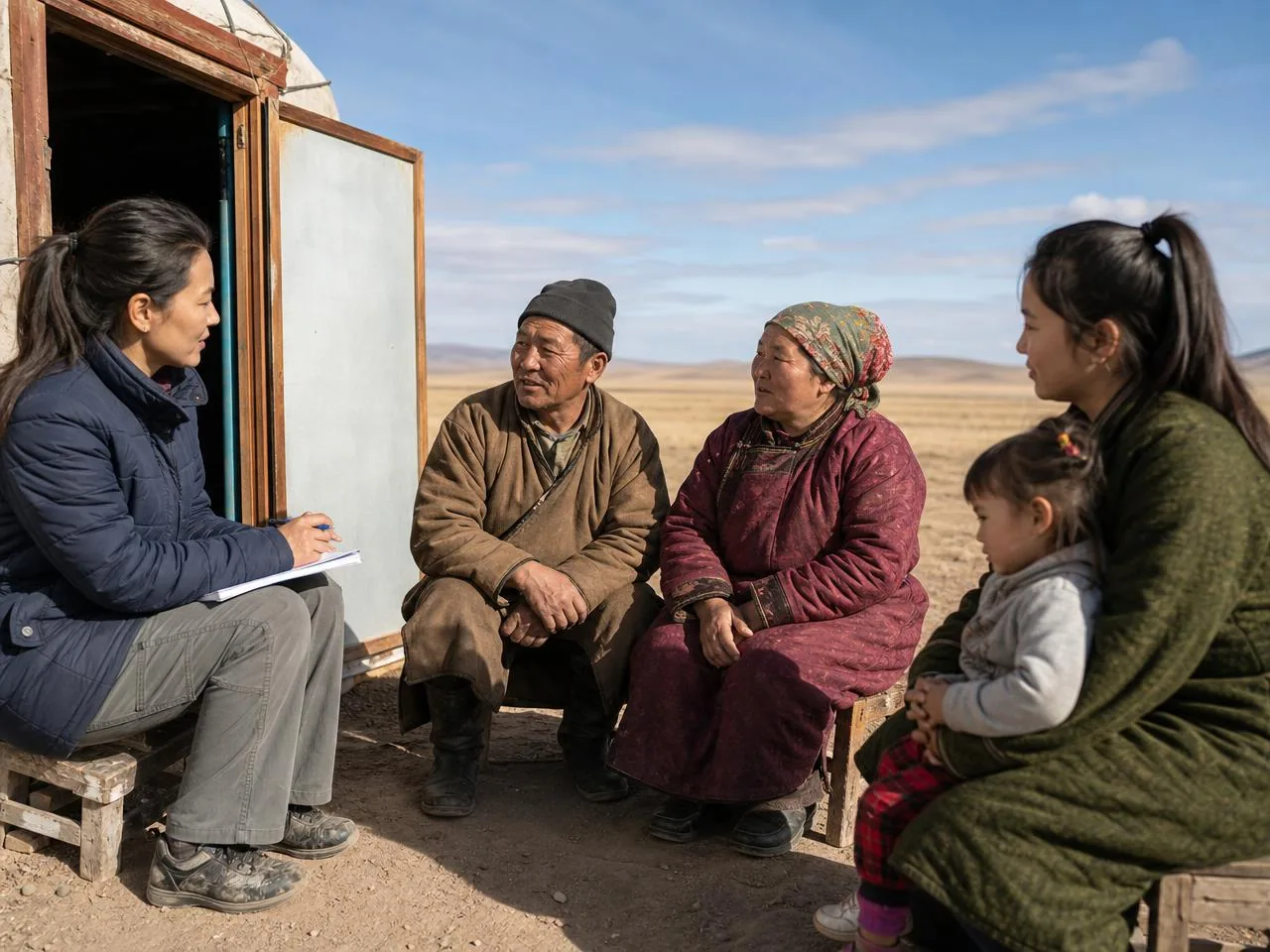 Community members talking with a conservation worker